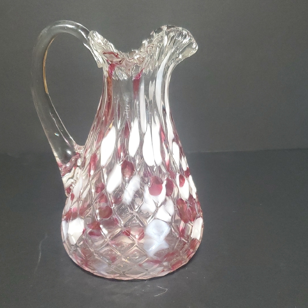 Vtg Chalet Cranberry And White Spatter Glass Pitcher